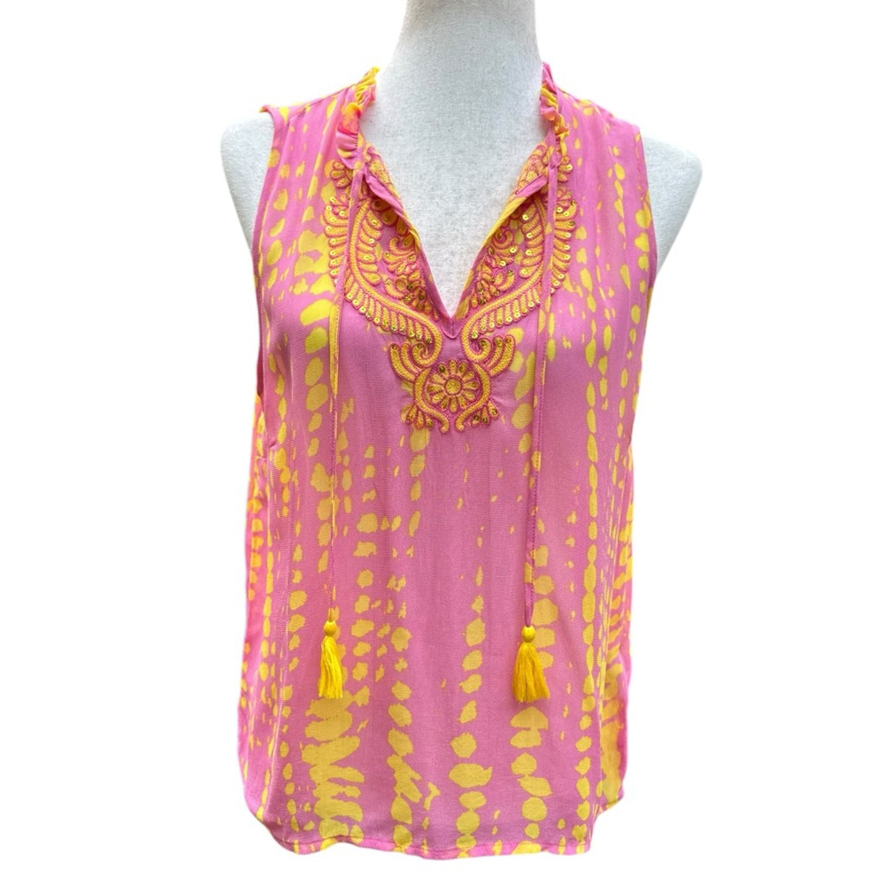 Vibrant Esqualo Boho Embroidered Tassel Top Shirt Yellow Sleeveless Festival 4